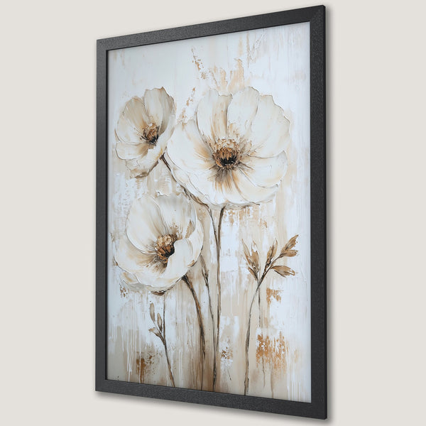 Framed Poster featuring elegant white floral art in a neutral beige and brown color palette, perfect for modern home decor.