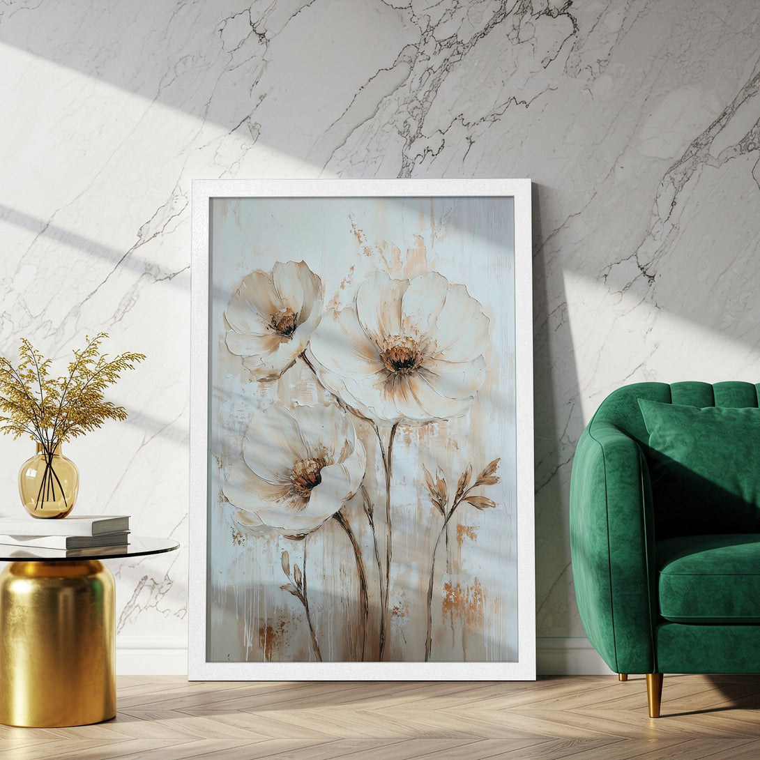 Framed Poster featuring elegant floral art in neutral tones. Perfect for modern home decor.