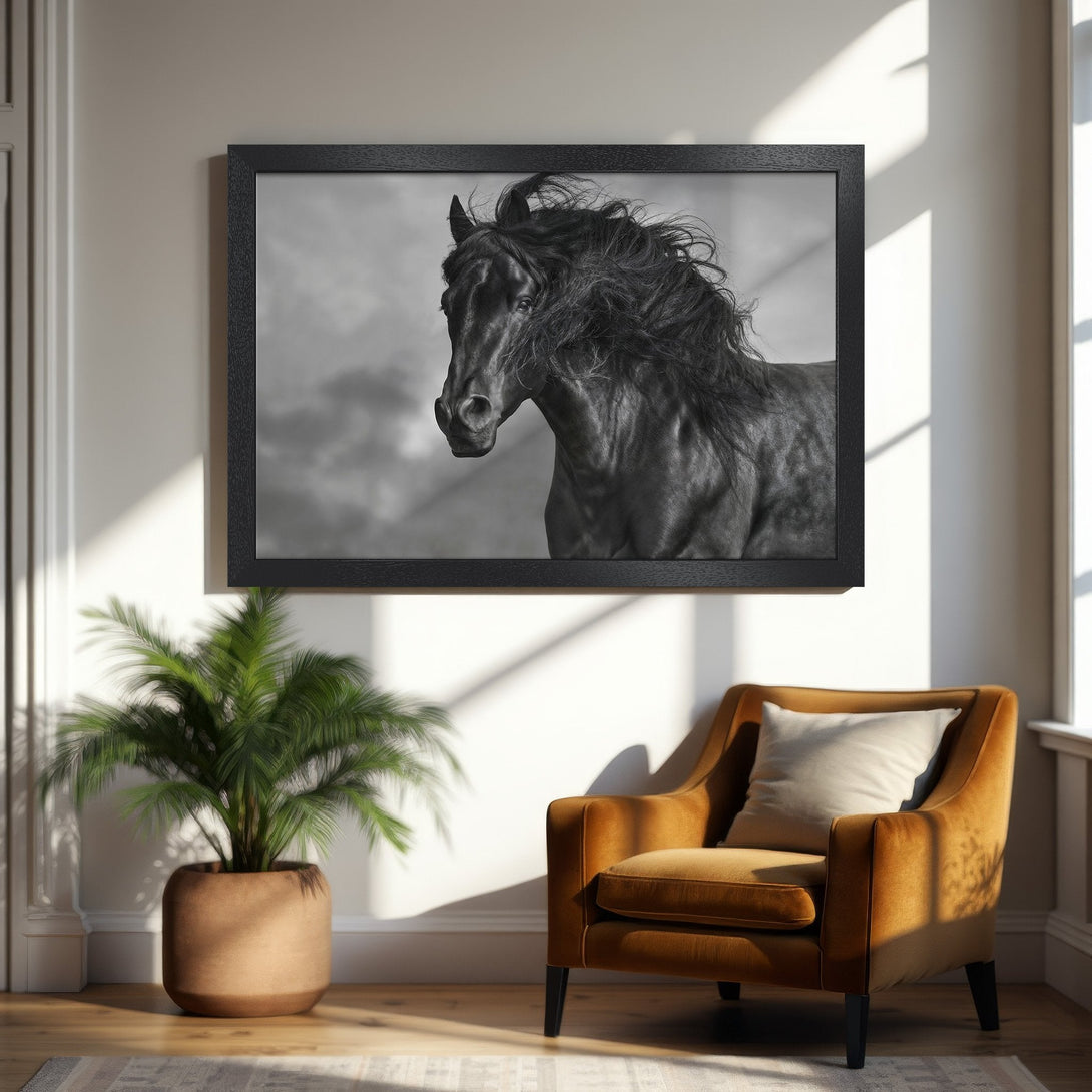 Framed Poster featuring a majestic black horse in grayscale. Elegant art for your home. Neutral color palette.