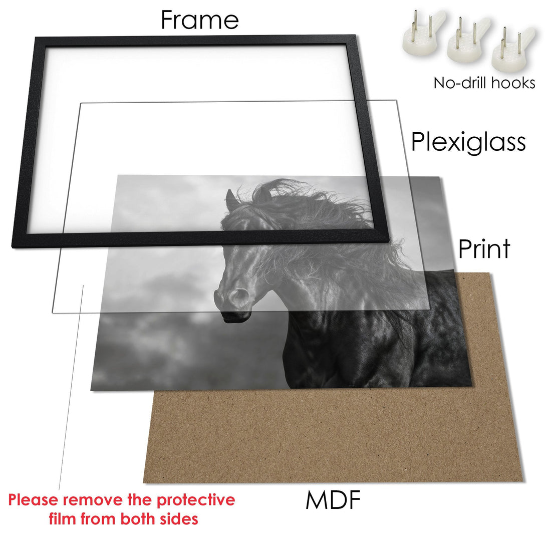 Framed Poster of a majestic horse in black and white, ready to hang. Elegant art for your home!