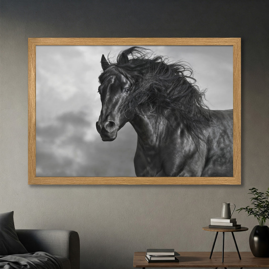 Framed Poster of a majestic black horse. Dramatic black and white art print, perfect for home decor. Add elegance to your space!