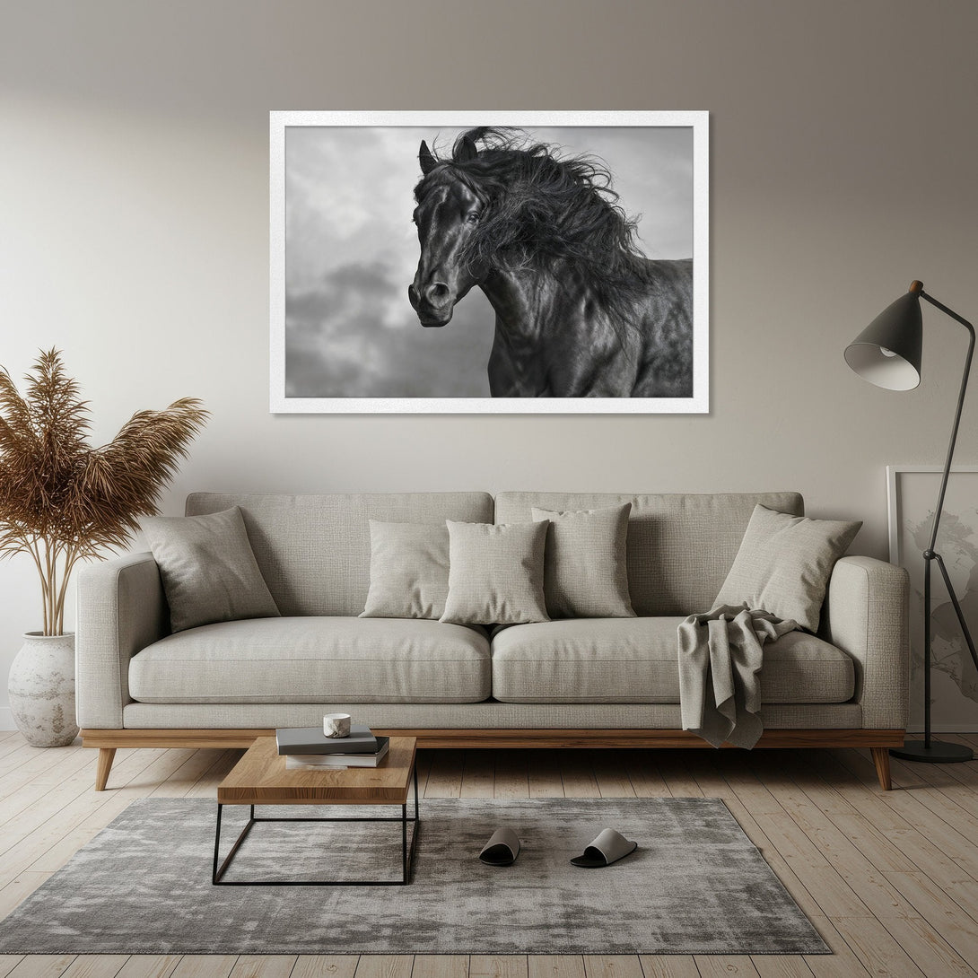 Framed Poster of a majestic black horse. Dramatic black and white art, perfect for modern home decor. Enhance your space with this stunning poster.