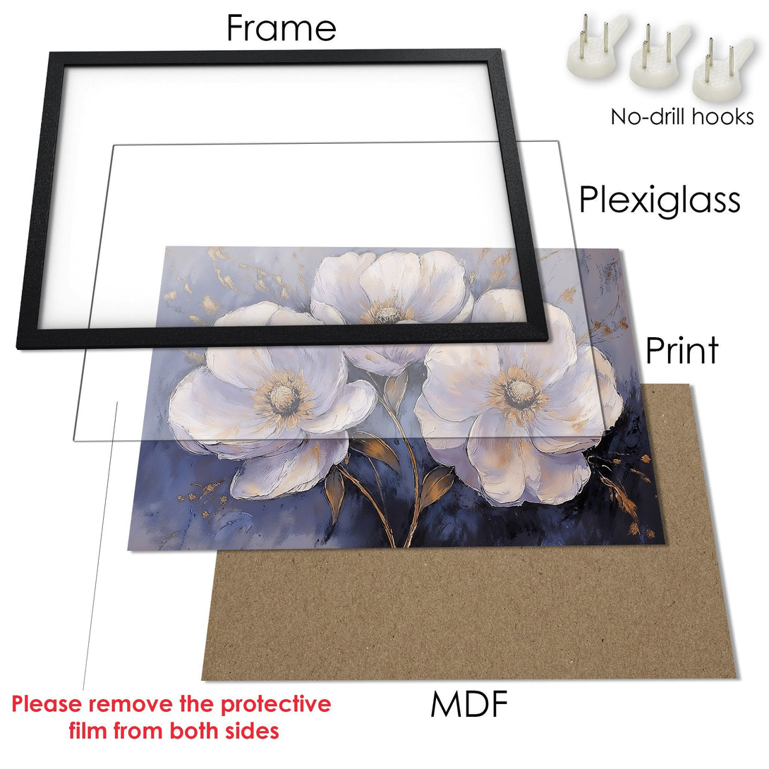 Framed Poster featuring white floral art. Elegant style with a blue, gold, and white color palette. Perfect wall decor for any room.