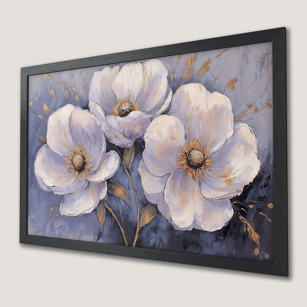 Framed Poster featuring elegant white floral art with gold accents on a blue background. Perfect wall decor!