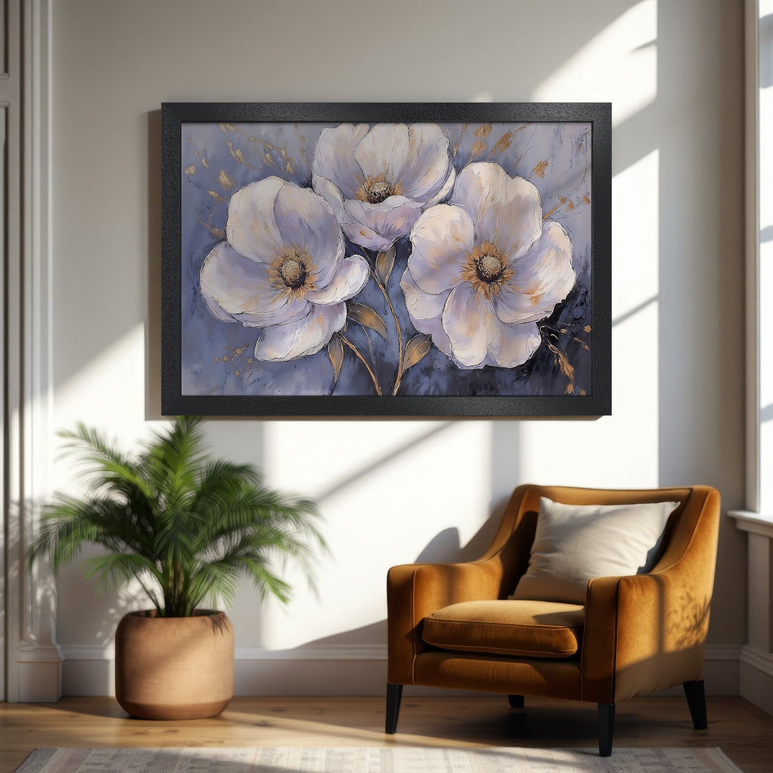 Framed Poster of white floral art in a modern style with a blue and gold color palette. Perfect for home decor.