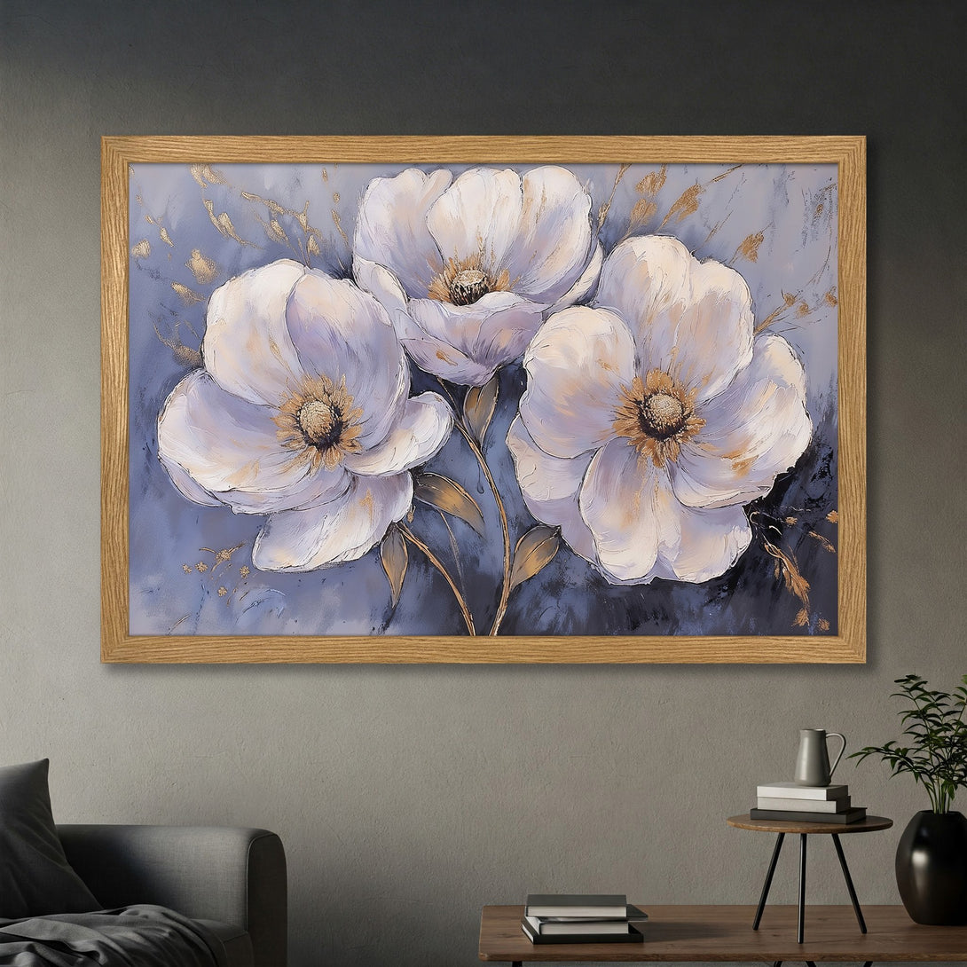 Framed Poster featuring white floral art with gold accents on a blue background. Perfect for modern home decor.
