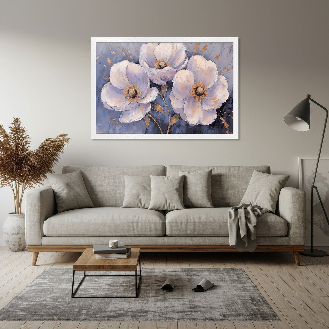 Framed Poster of elegant white floral art with gold accents on a blue background. Modern style, neutral color palette.