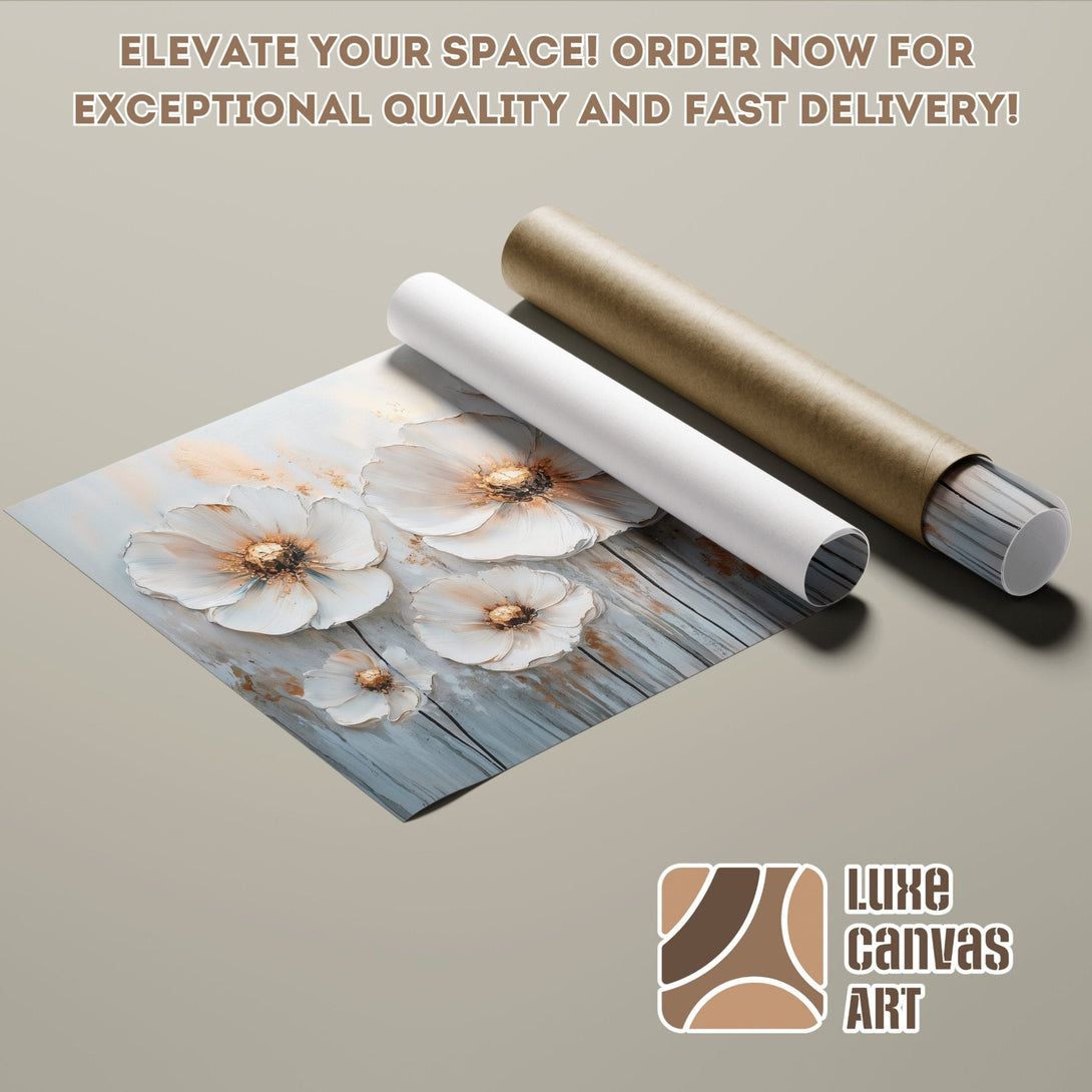 Floral Poster Roll in soft blue and gold tones. Elevate your space with this beautiful art.