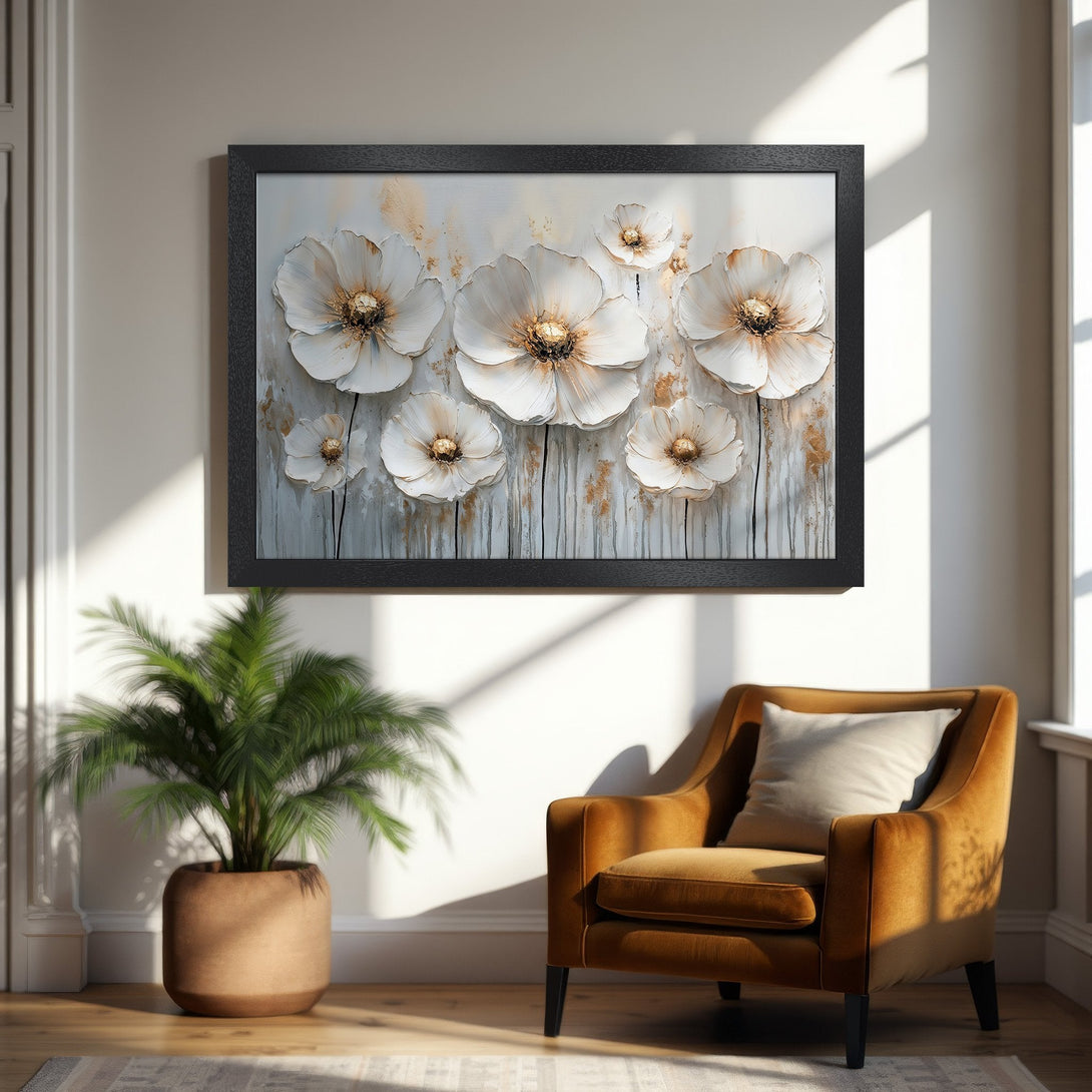 Framed Poster featuring white floral art with gold accents, neutral color palette, perfect for home decor.