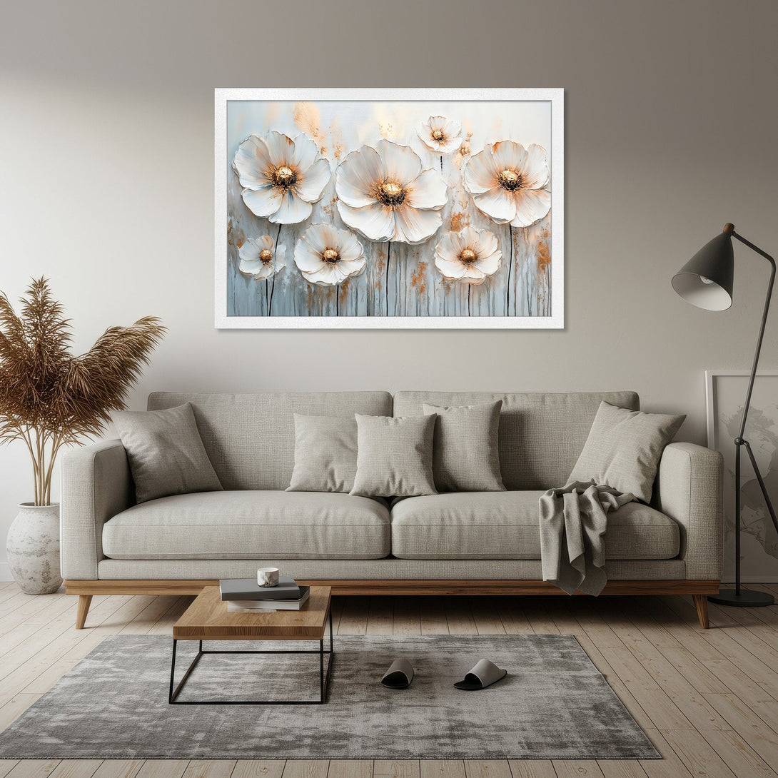 Framed Poster of white floral art with gold accents. Modern style, neutral color palette. Perfect wall decor for your home!
