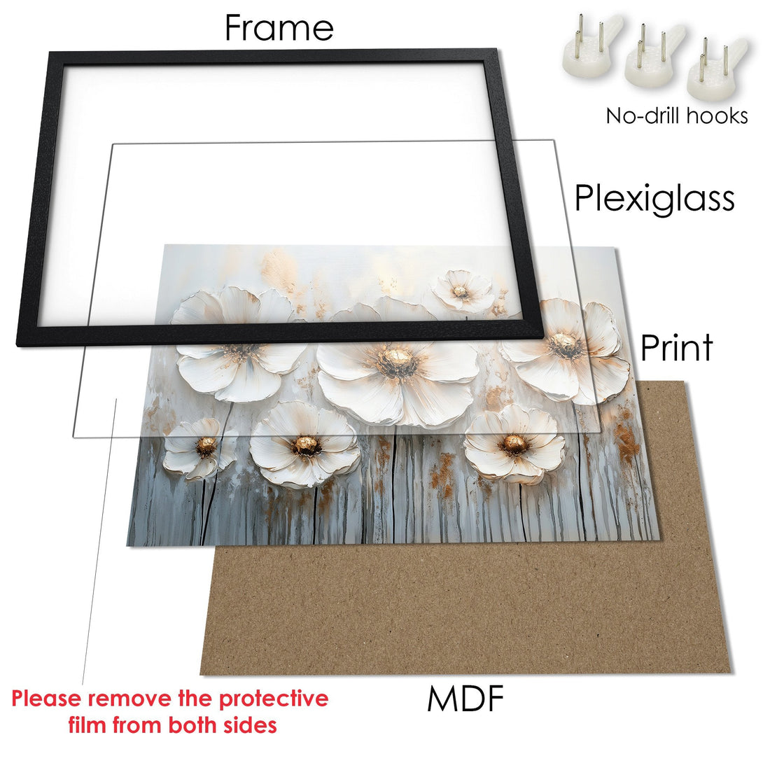 Framed Poster featuring elegant white floral art with a neutral color palette. Perfect wall decor for any room!