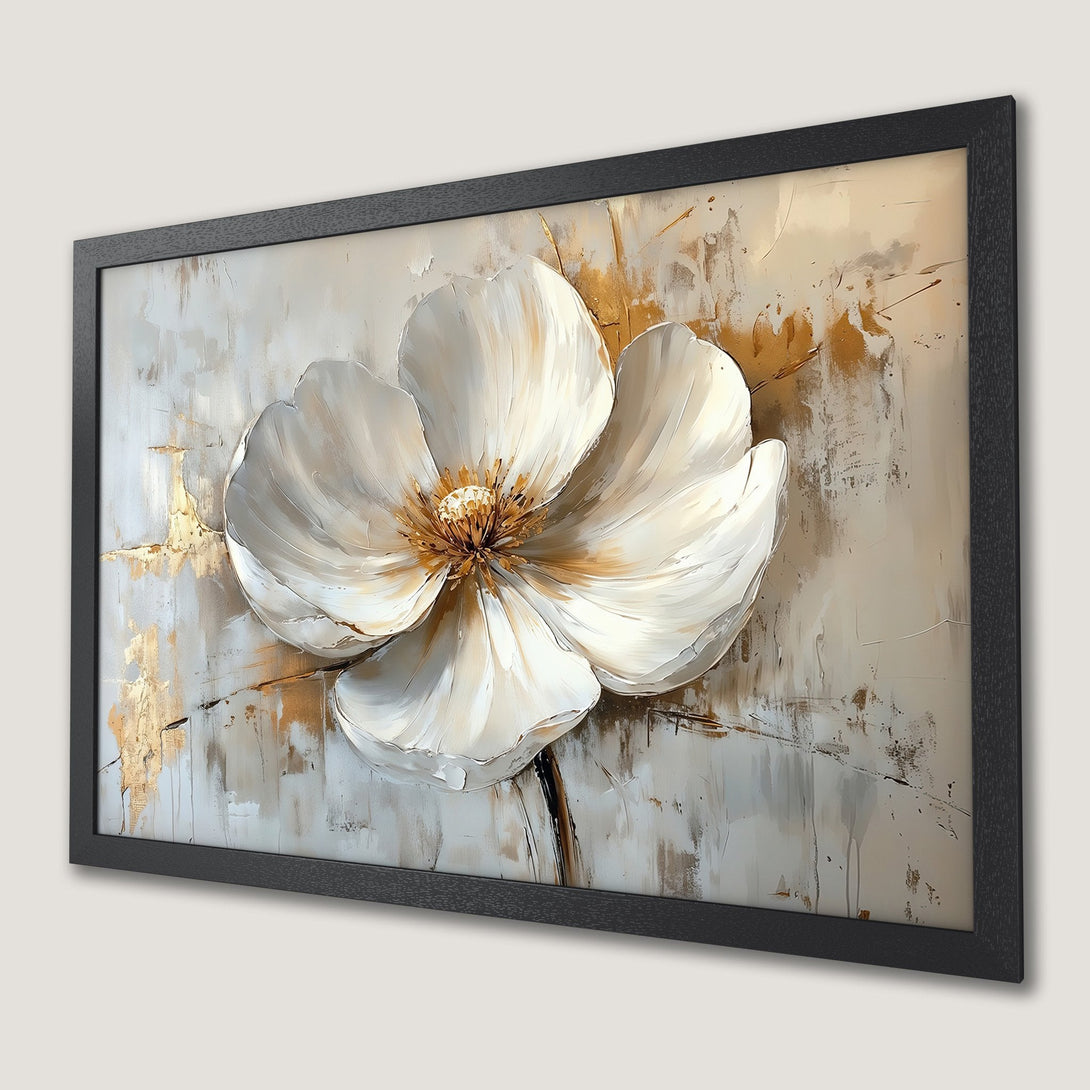 Framed Poster featuring a white floral abstract painting, neutral tones with gold accents. Perfect wall art!