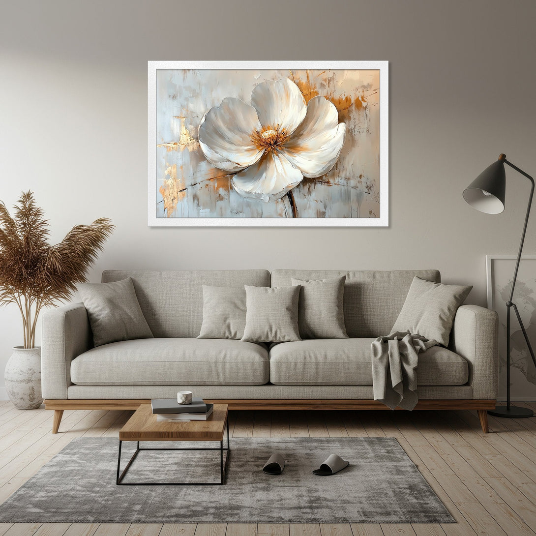Framed Poster featuring a white flower with gold accents, abstract style, neutral color palette. Perfect wall art for your home!