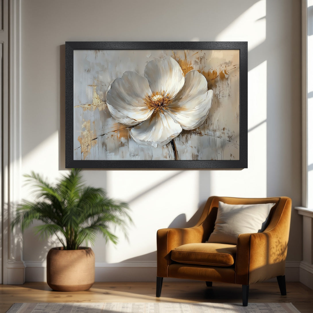 Framed Poster featuring a white flower in an abstract style with a neutral and gold color palette. Perfect for home decor!