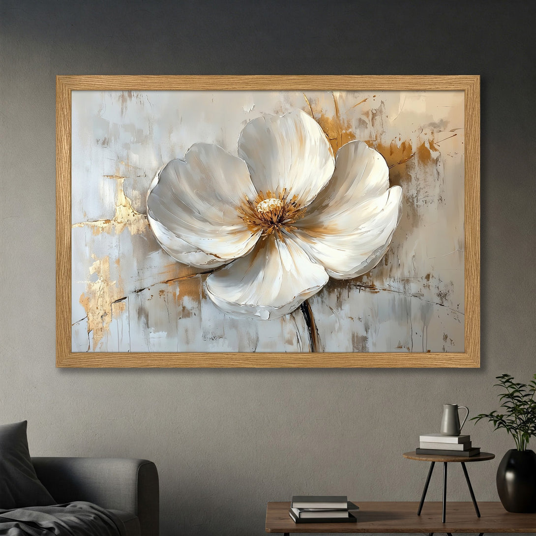 Framed Poster featuring a large white flower in an abstract style with a neutral color palette, perfect for modern decor.