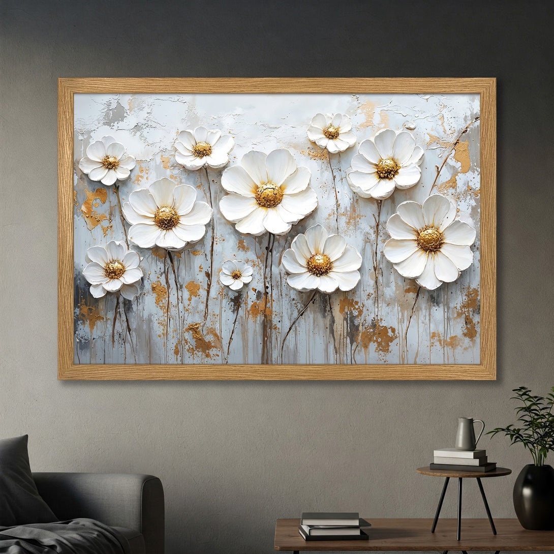 Framed Poster featuring white flower art with gold accents on a light blue and grey background. Modern floral decor for your home.