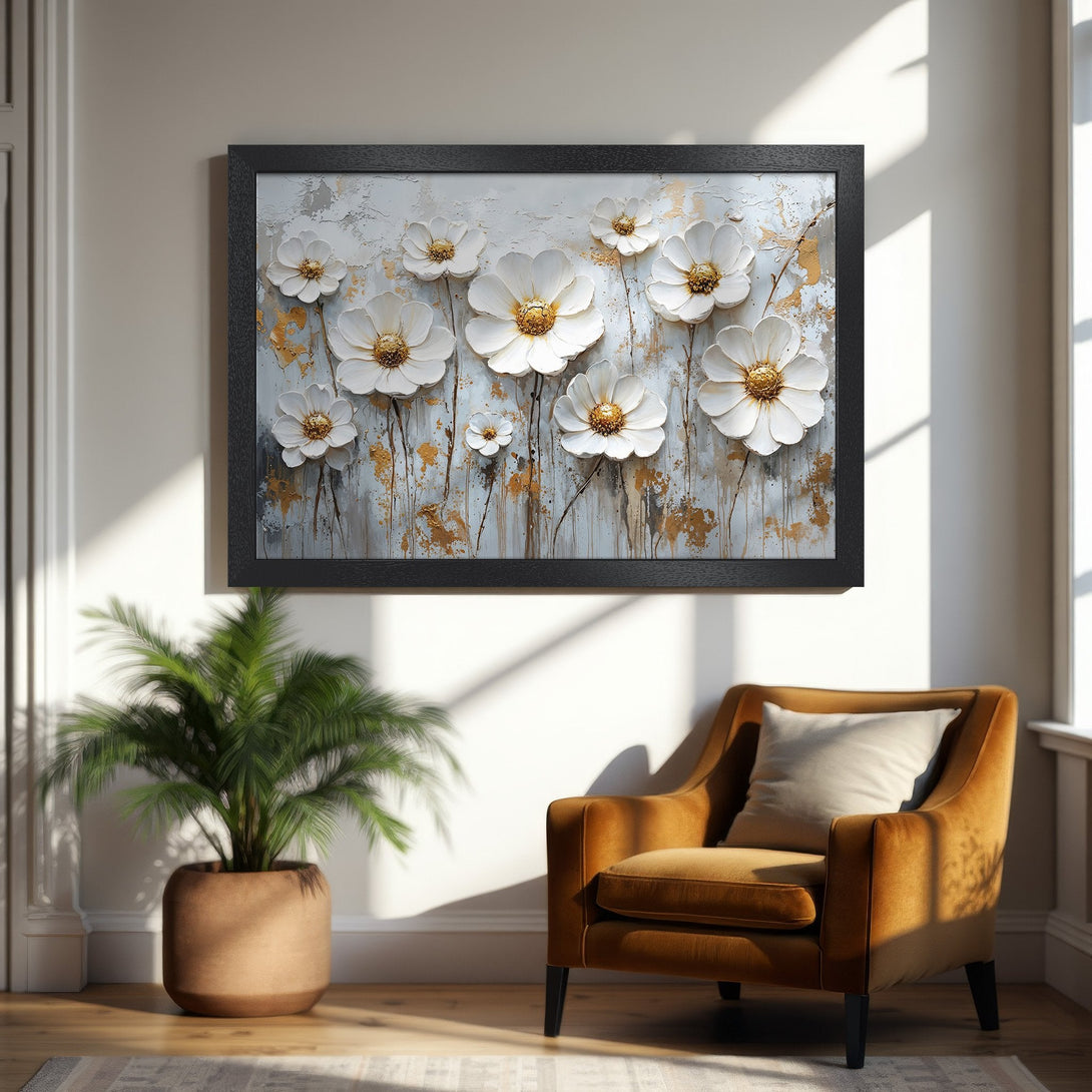 Framed Poster featuring white floral art with gold accents, on a neutral background. Modern style, warm color palette.