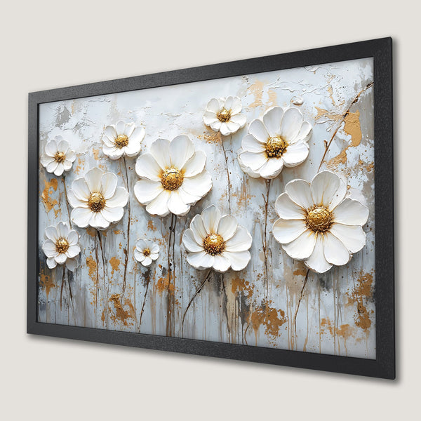 Framed Poster featuring white floral art with gold accents, modern style, and neutral color palette.