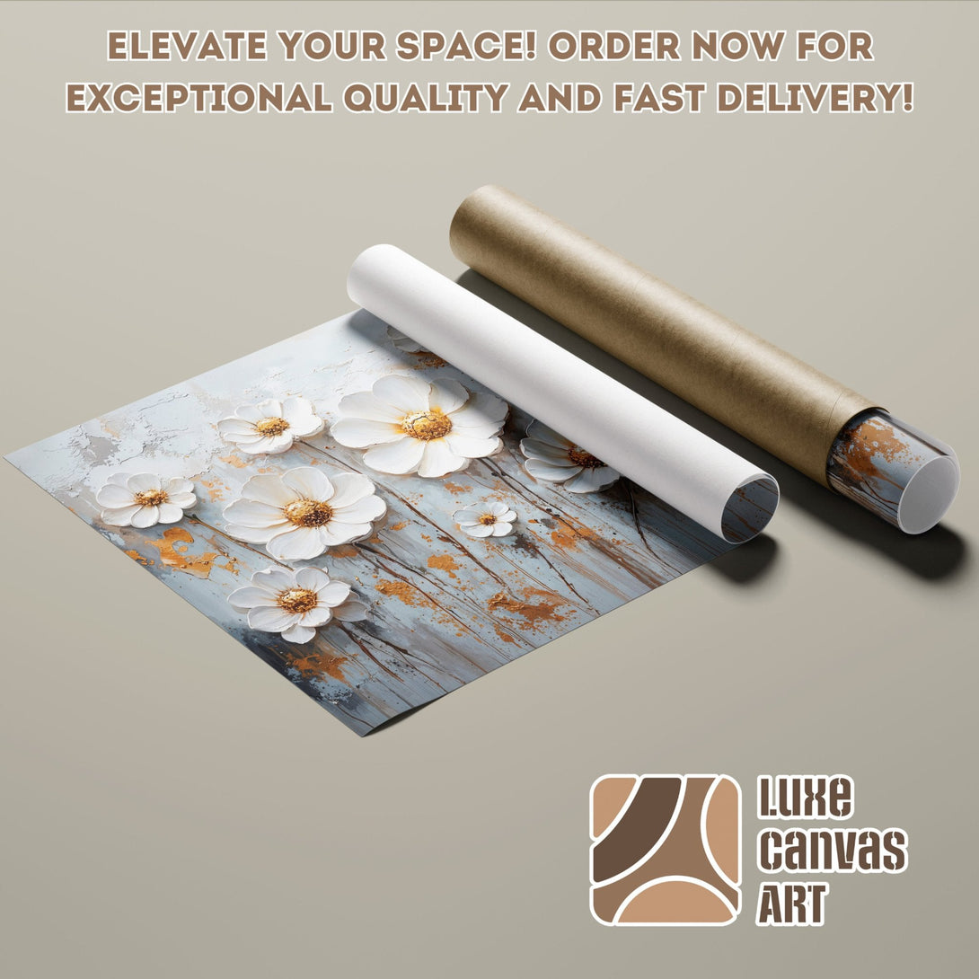 Floral Poster Roll, abstract art with white flowers, blue & gold palette. Elevate your space!