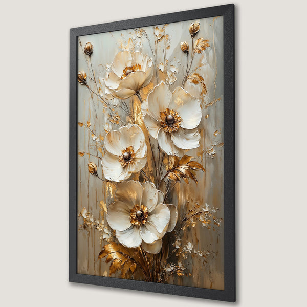 Framed Poster featuring elegant white floral artwork with gold accents on a neutral background. Perfect for adding a touch of luxury.