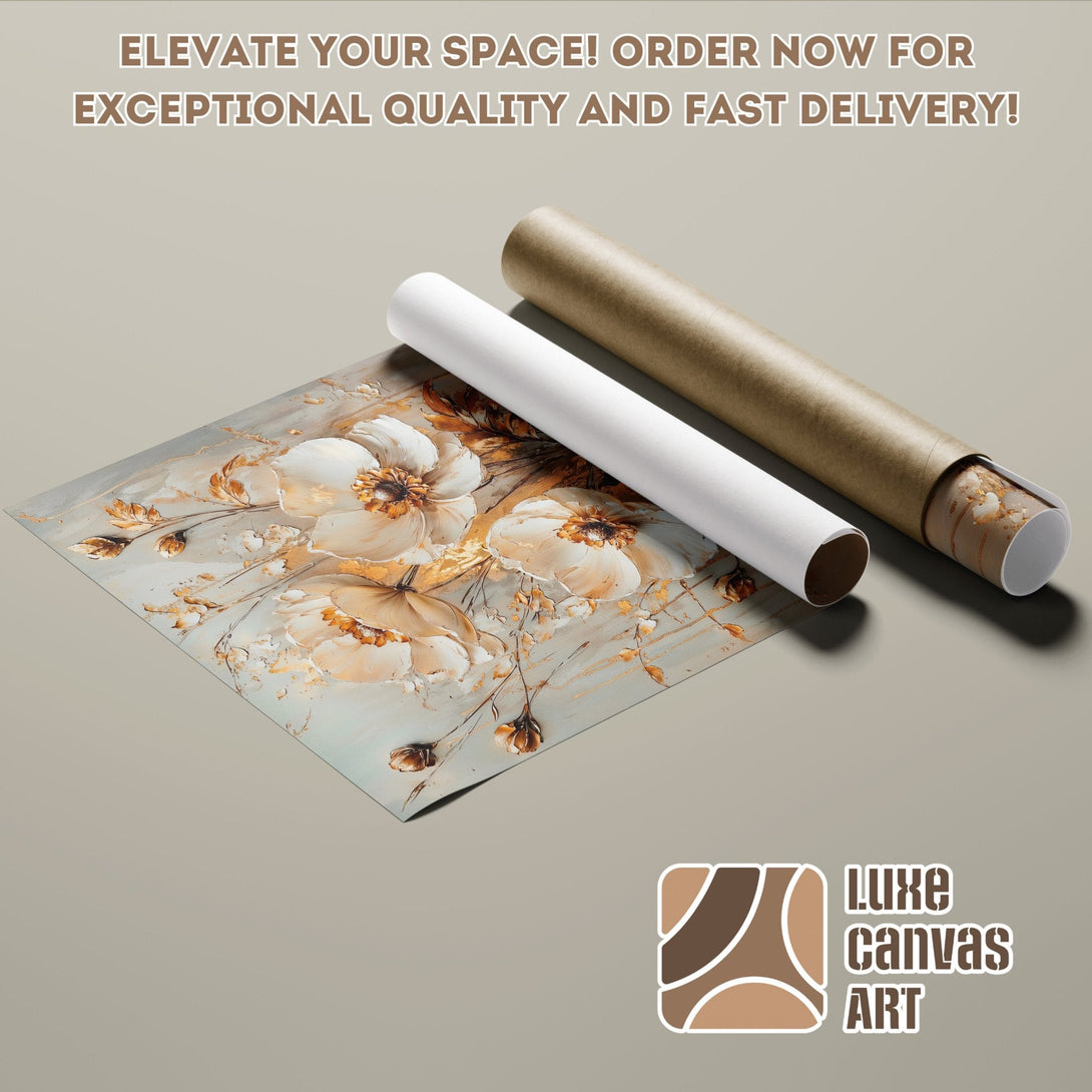 Floral Poster Roll in neutral tones. Elegant art print with gold accents. Order your poster today!