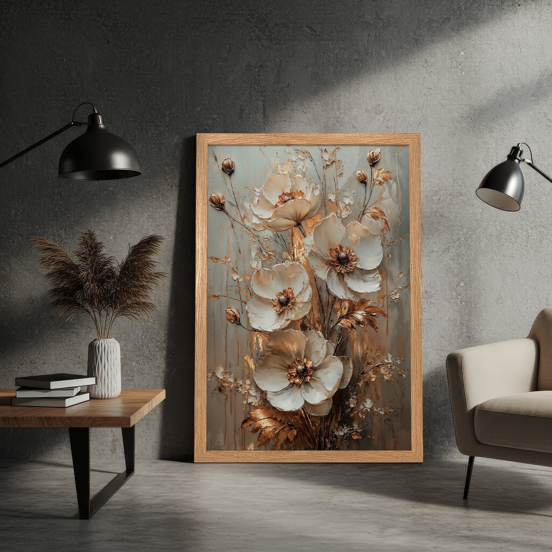 Framed Poster featuring elegant white floral art with gold accents on a neutral background. Perfect for adding a touch of sophistication to any space.