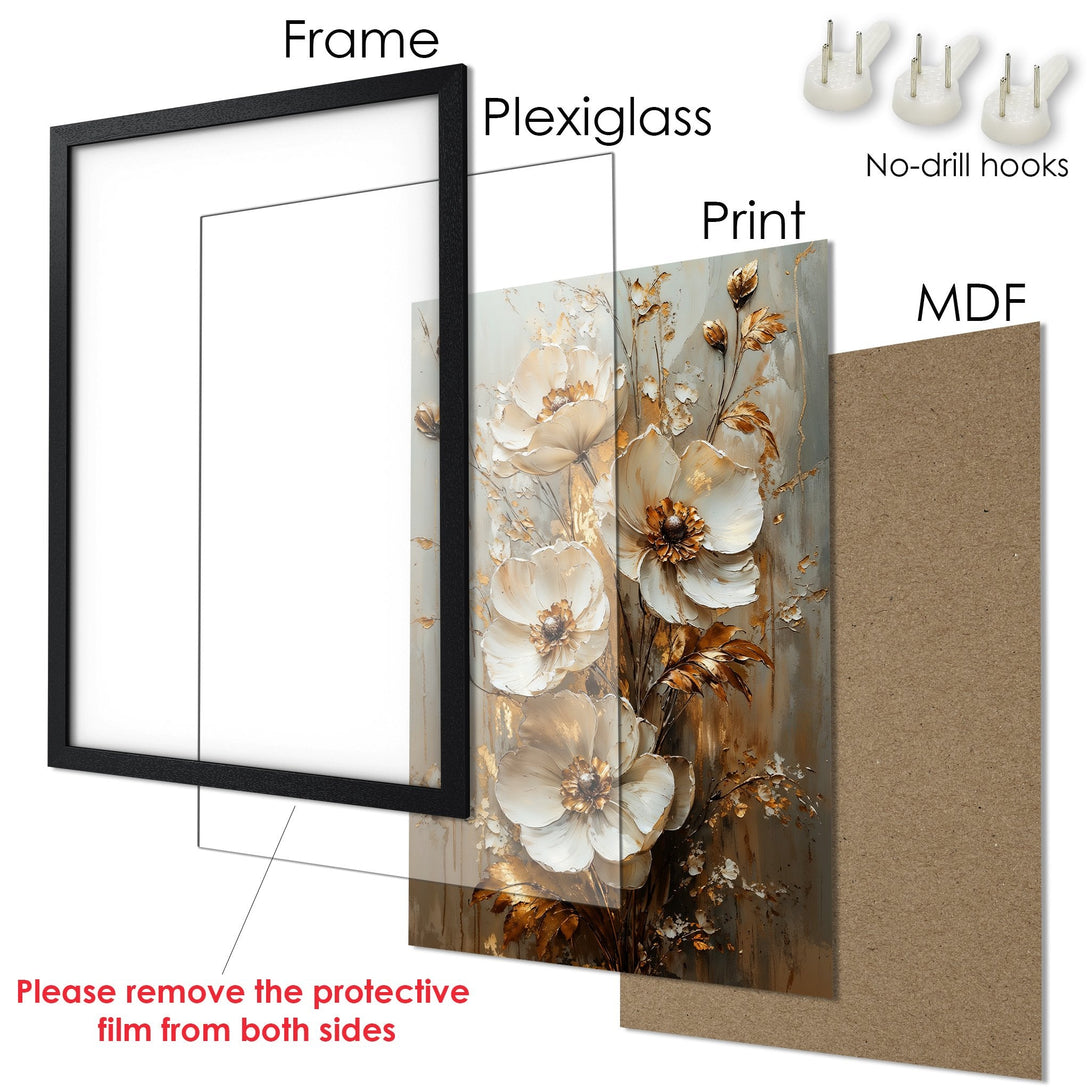 Framed Poster with floral art. Elegant style, neutral color palette with gold accents. Perfect wall decor for a sophisticated home.