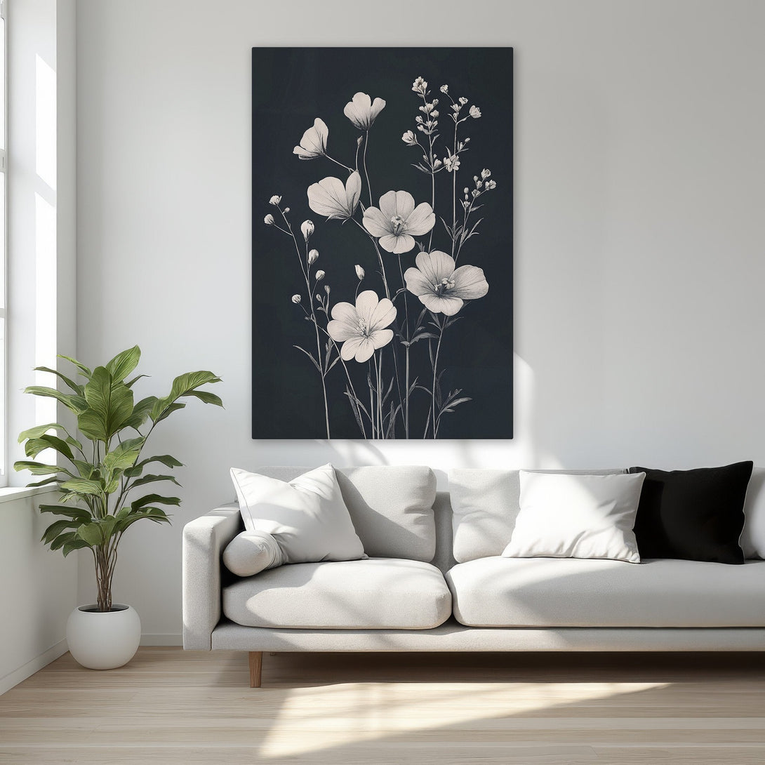 Framed Wall Art featuring elegant floral design in black and white. Adds a touch of sophistication to any space. Perfect for bedroom decor.