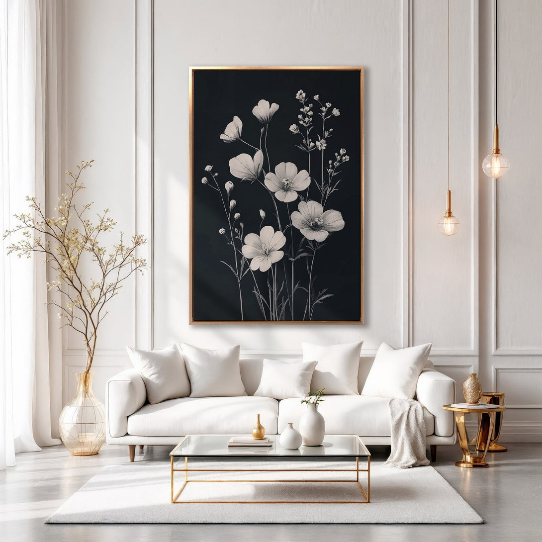 Framed Wall Art featuring elegant floral illustration in black and white. Modern decor with a touch of luxury. Perfect for living room or bedroom.
