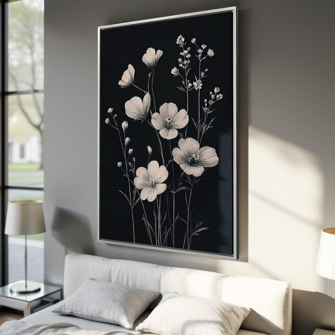 Framed Wall Art featuring elegant floral illustration in grayscale on a black background. Perfect for modern home decor. Canvas Print available.