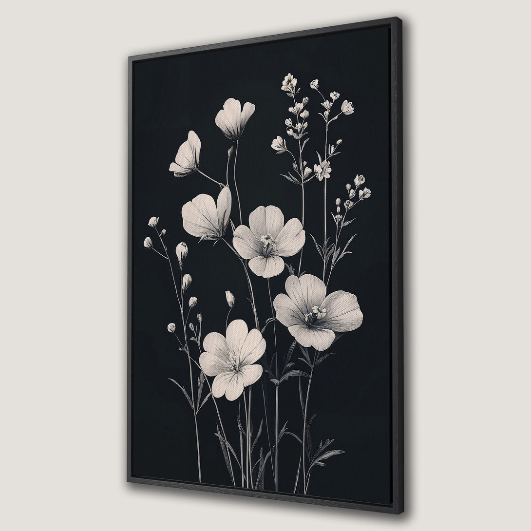 Framed Wall Art: Elegant botanical print featuring delicate white flowers against a deep black background. Modern style, neutral color palette perfect for any decor.