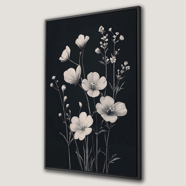Framed Wall Art: Elegant botanical print featuring delicate white flowers against a deep black background. Modern style, neutral color palette perfect for any decor.