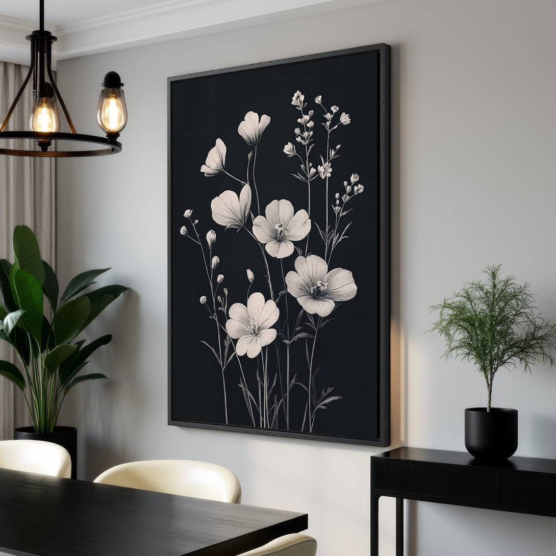 Framed Wall Art featuring elegant floral design in black and white. Modern botanical Canvas Print adds a touch of sophistication to any interior.