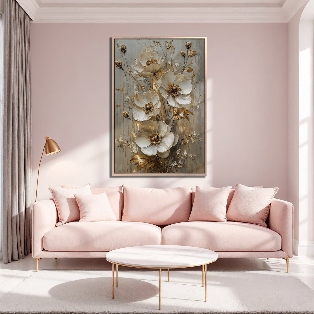 Framed Wall Art featuring elegant floral design in neutral tones. Perfect for adding a touch of sophistication to any space. Soft pink and gold color palette.