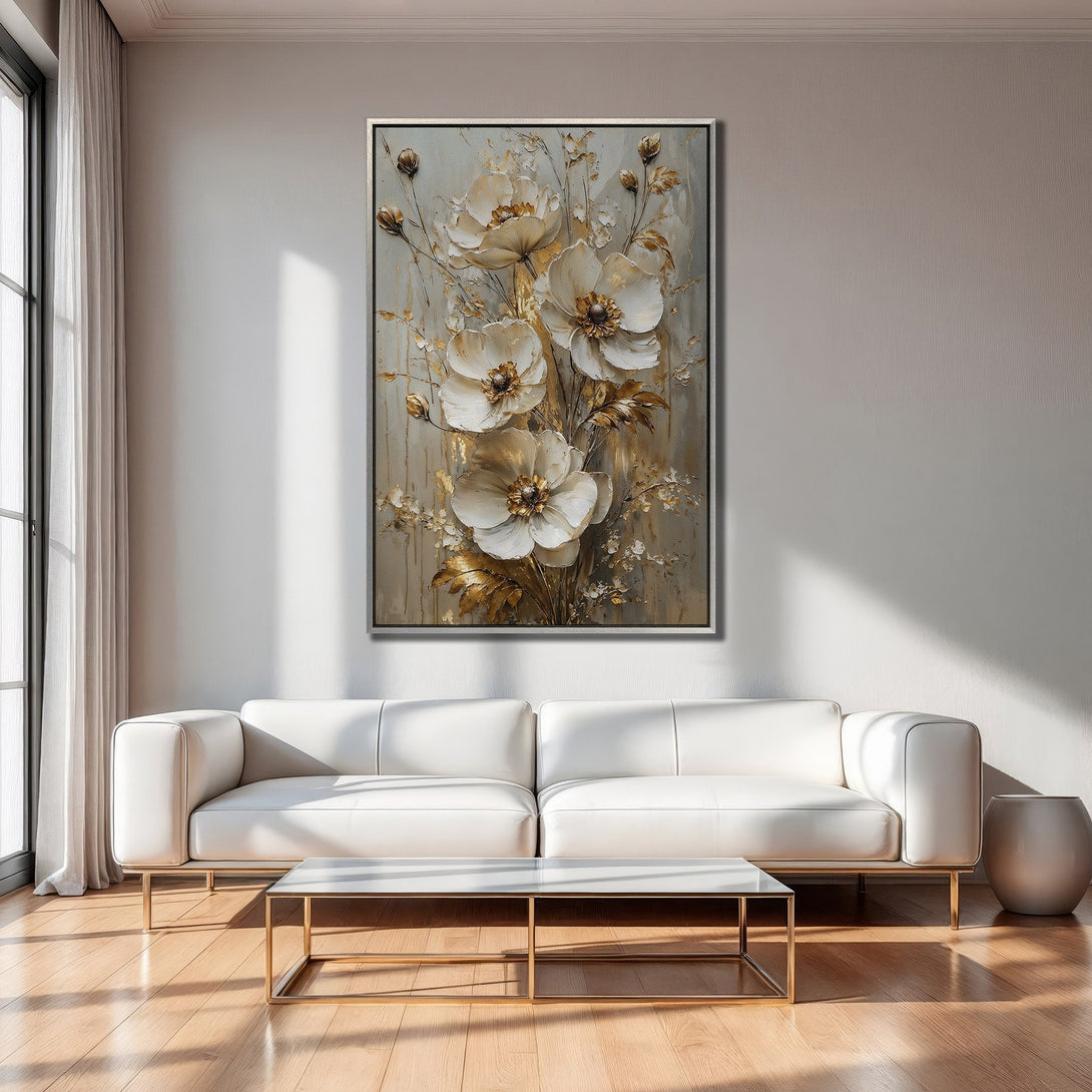 Framed Wall Art: Elegant floral canvas print in neutral tones with gold accents. Perfect for modern living room decor.