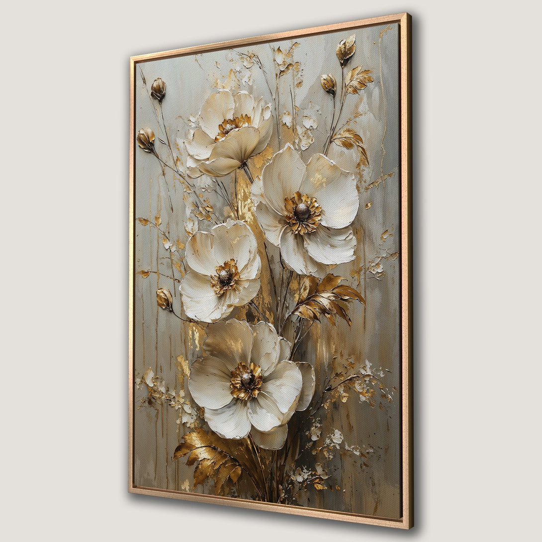 Framed Wall Art: Elegant floral canvas print in a neutral color palette with gold accents. Perfect for adding a touch of luxury to any room!