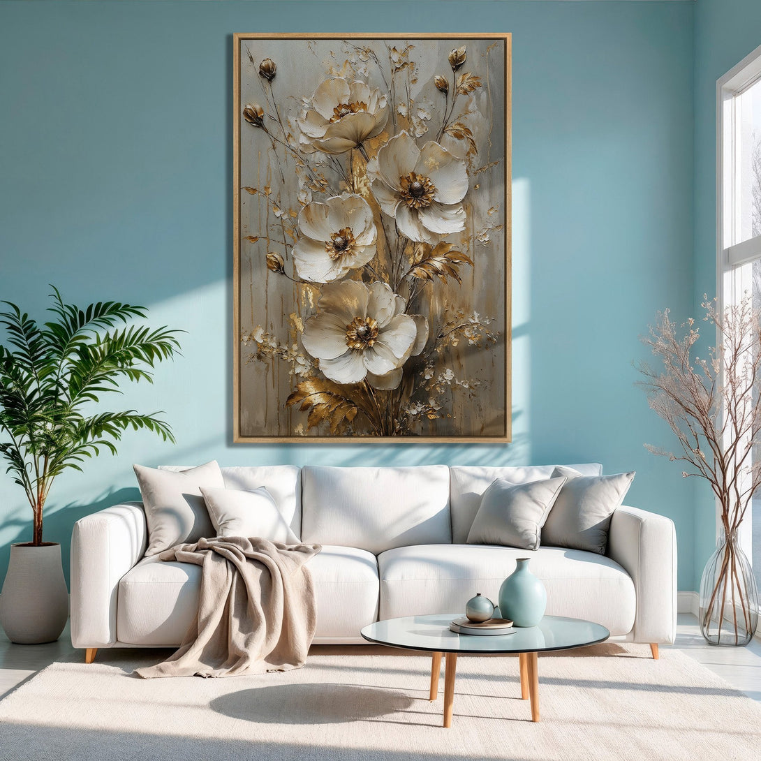Framed Wall Art: Elegant floral canvas print in neutral tones with gold accents. Perfect for adding a touch of sophistication to any living space.