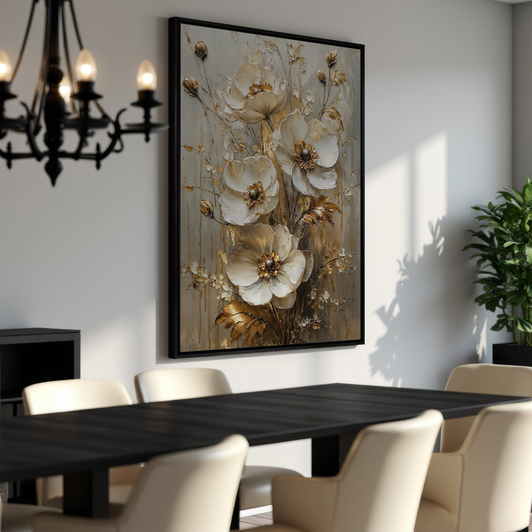 Framed Wall Art: Elegant floral Canvas Print in neutral tones with gold accents, perfect for dining room decor. Adds a touch of sophistication to any space.