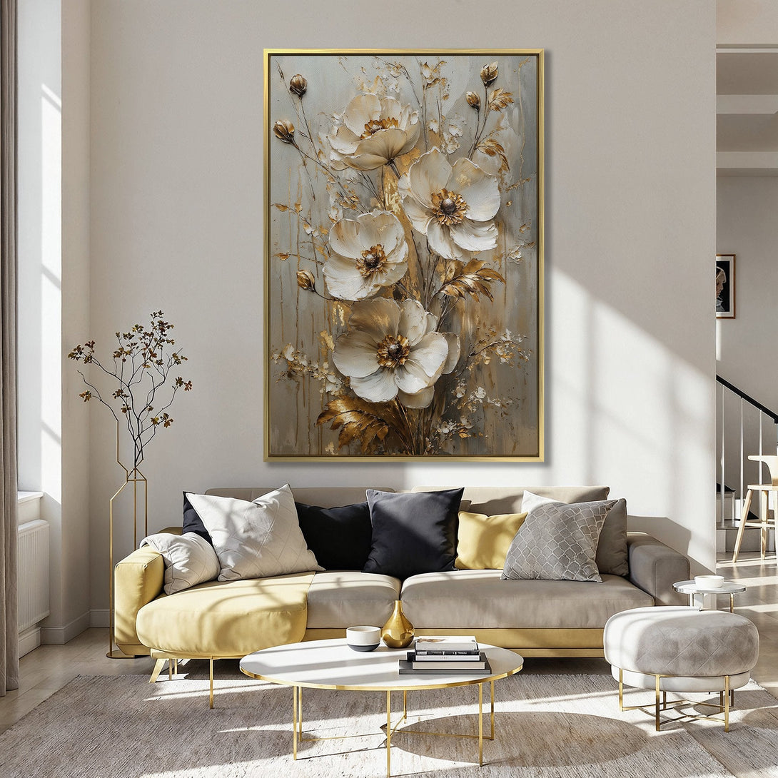 Canvas Print featuring elegant white and gold floral art, displayed in a stylish kitchen. Soft, neutral color palette adds a touch of sophistication.