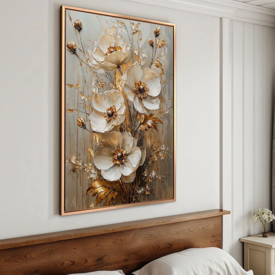 Framed Wall Art: Elegant floral Canvas Print in neutral tones with gold accents. Perfect for adding a touch of sophistication to your bedroom decor.