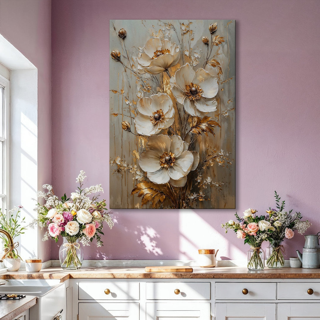 Framed Wall Art featuring elegant white and gold floral design. Modern canvas print in a neutral color palette, perfect for living room decor.