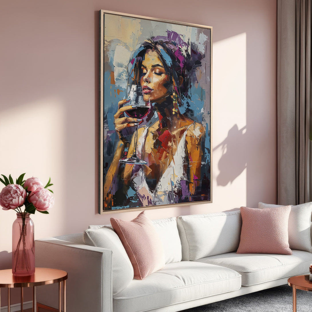 Framed Wall Art: Abstract woman with wine, impressionist style, warm pink & blue palette. Perfect for adding elegance to your living room.