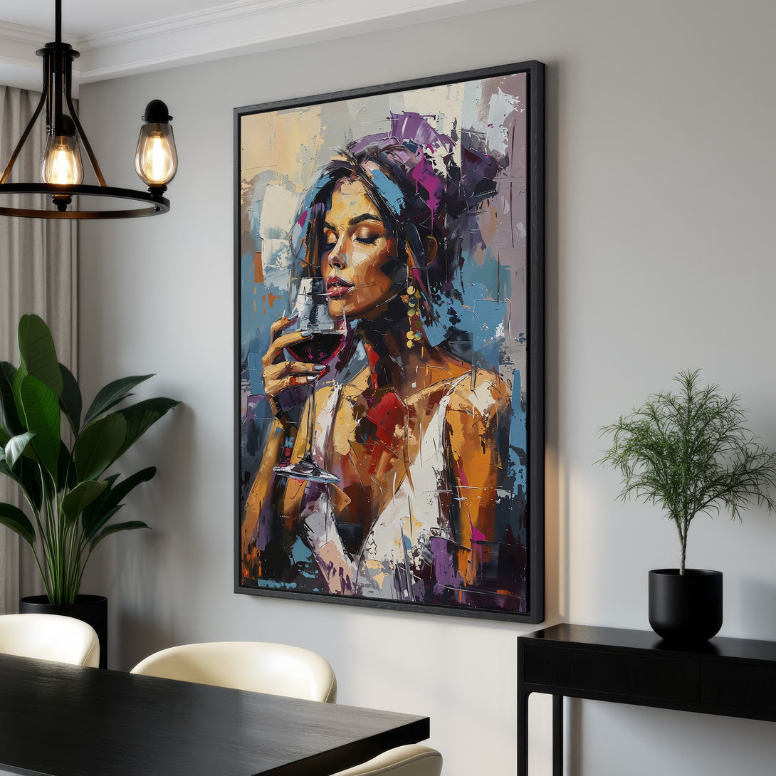 Framed Wall Art: Abstract woman enjoying wine. Modern art canvas print with a vibrant, warm color palette perfect for any interior design.