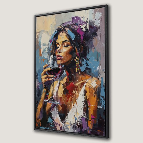 Framed Wall Art: Abstract painting of woman enjoying wine. Rich color palette with blues, oranges, and purples. Perfect for adding elegance to your home decor.