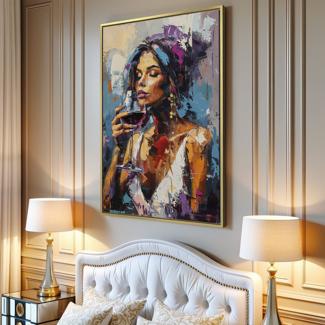 Canvas Print: Abstract portrait of a woman enjoying wine. Modern art with a warm, inviting color palette. Perfect wall decor for any space.