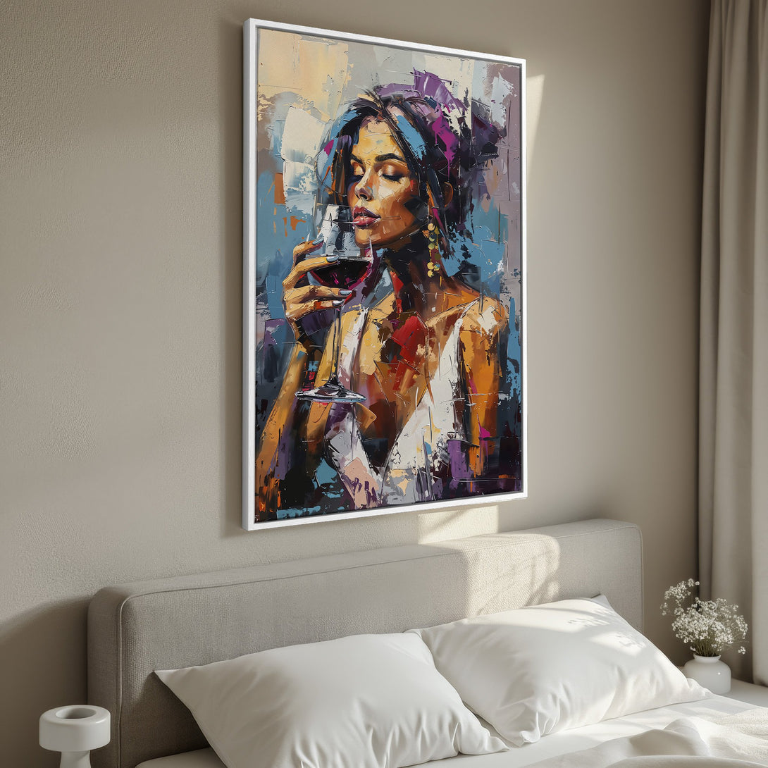 Framed Wall Art: Abstract painting of woman with wine in a bedroom. Rich blues, purples, and oranges create a captivating canvas print.