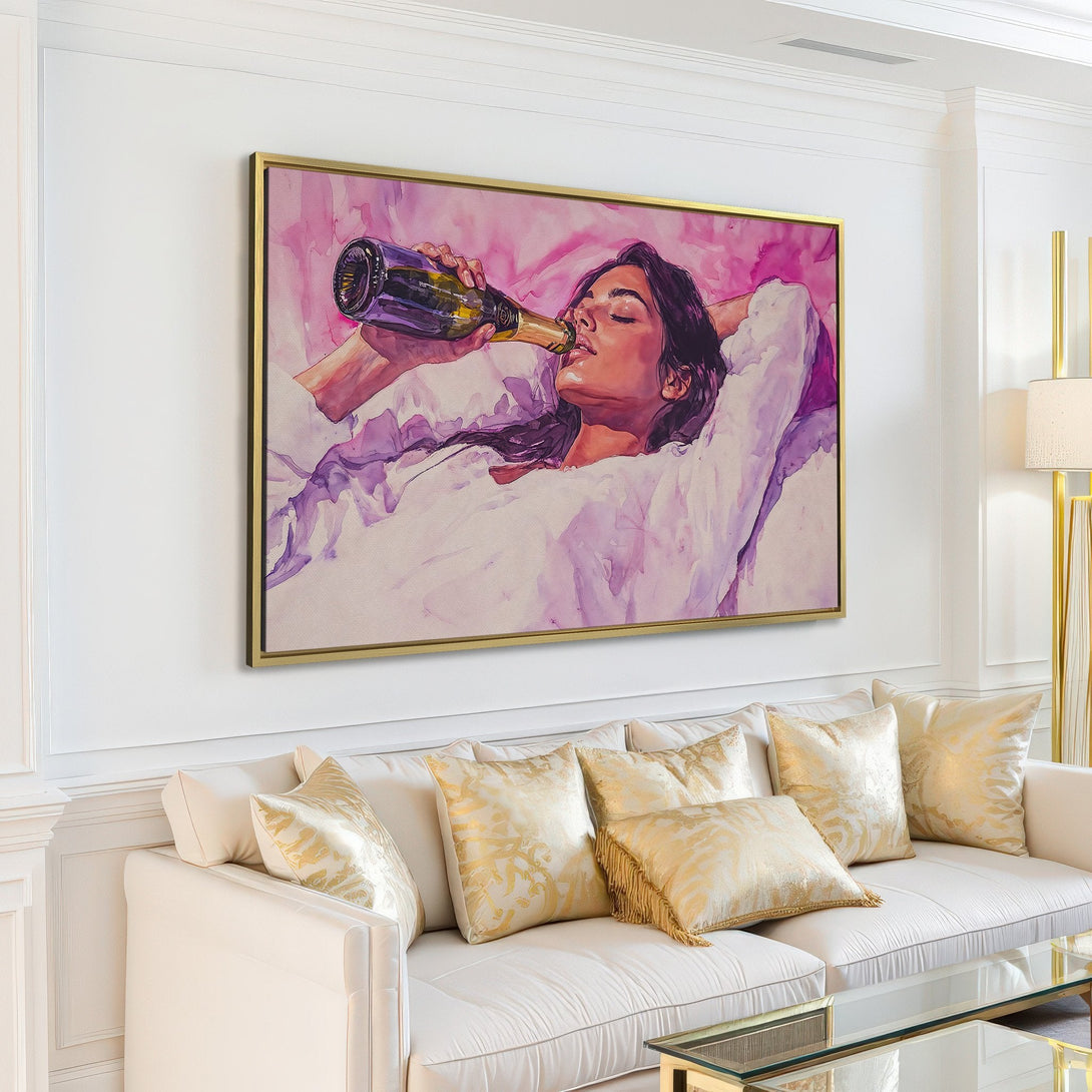 Canvas Print of a woman drinking champagne in a watercolor style, featuring a purple and white color palette, perfect for modern home decor.