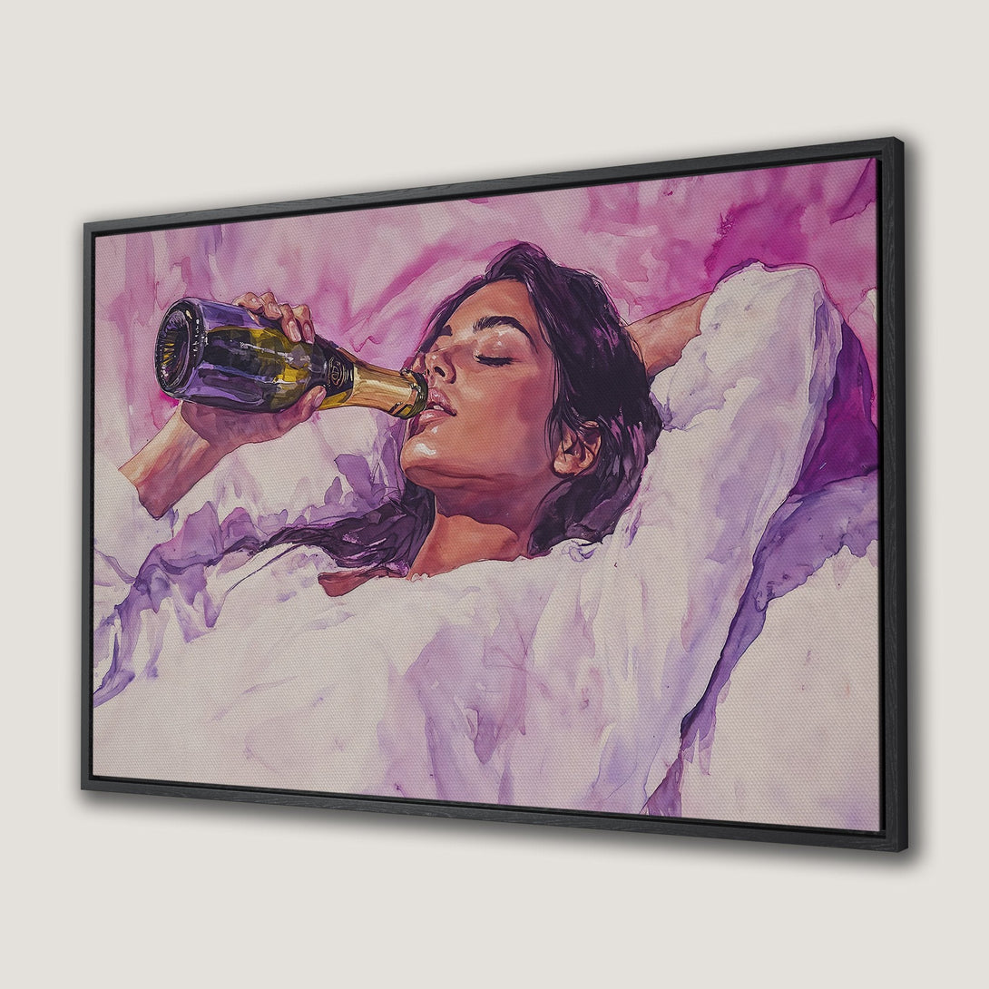 Framed Wall Art: Watercolor portrait of woman drinking champagne, soft purple palette. Perfect for adding a touch of luxury to your space.
