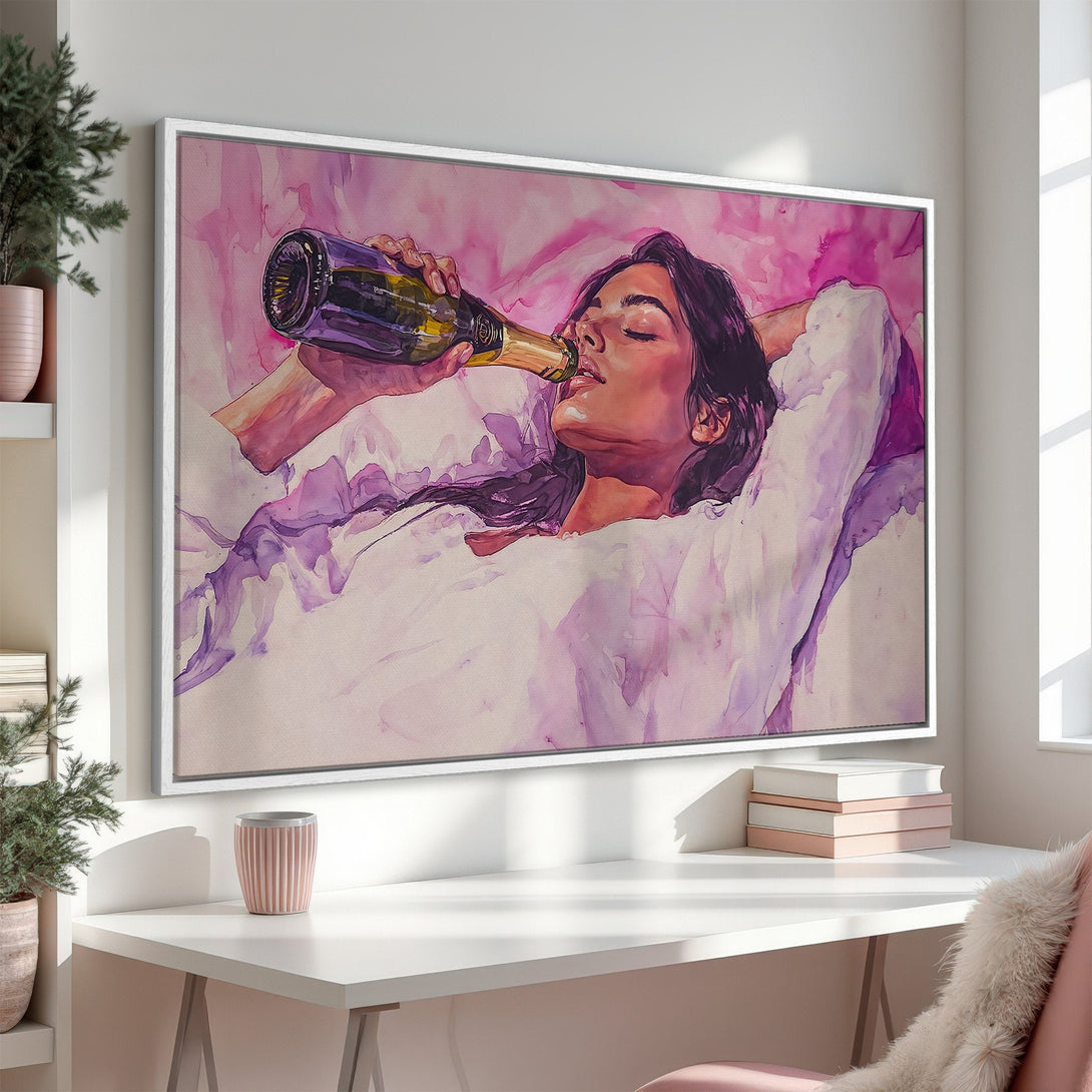 Framed Wall Art: Watercolor painting of woman drinking champagne, in a pink and purple palette. Perfect for adding a touch of elegance to your space.