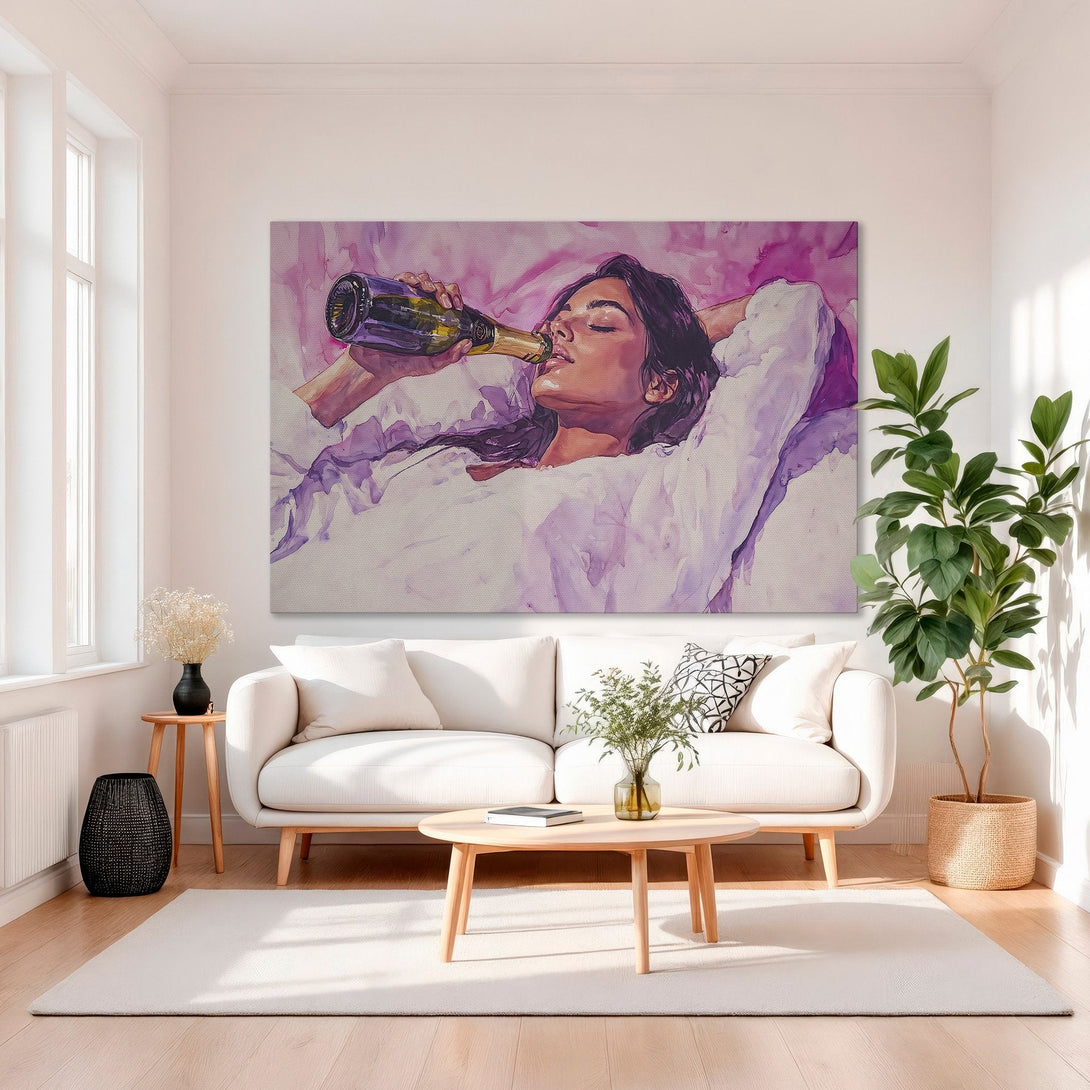 Framed Wall Art: Woman drinking champagne, watercolor style. Pink and purple hues, modern interior. Add luxury to your space with this stunning artwork.